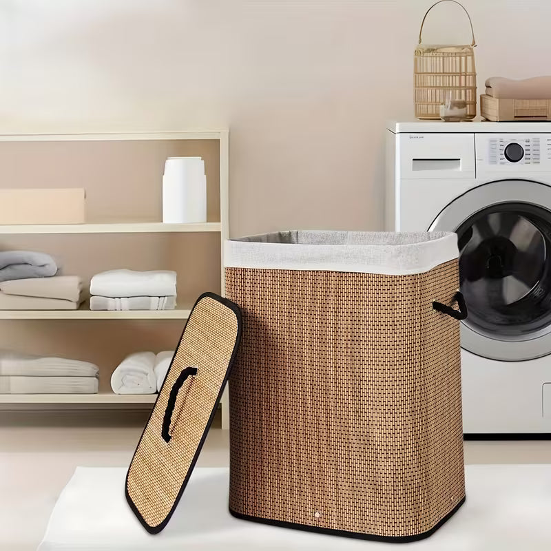 Panier à Linge en Bambou Pliable – Grand Panier de Rangement avec Couvercle et Poignées
