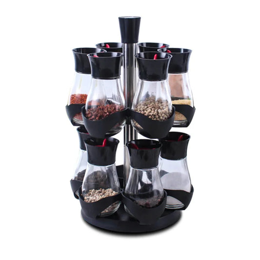 Organisateur de Cuisine en Acier Inoxydable et Verre – Tour Rotative avec 12 Pots à Épices