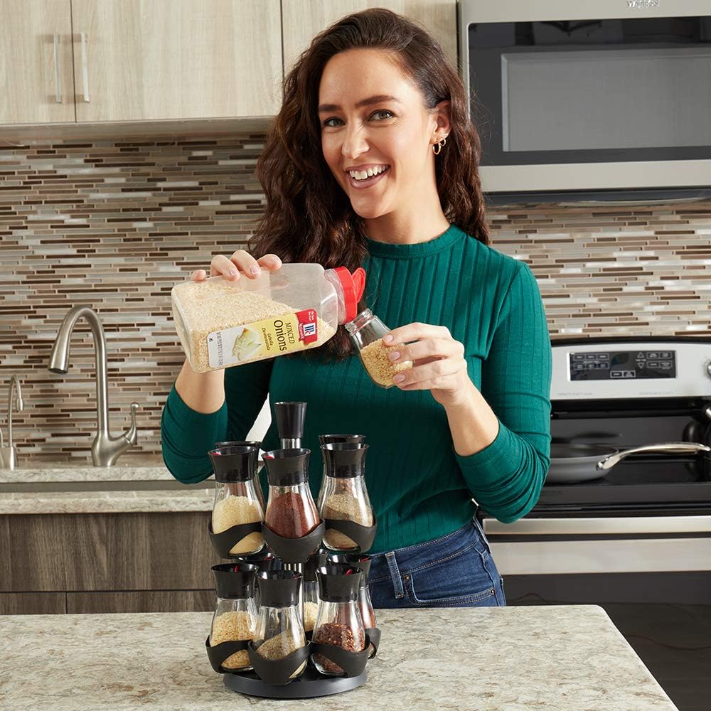 Organisateur de Cuisine en Acier Inoxydable et Verre – Tour Rotative avec 12 Pots à Épices