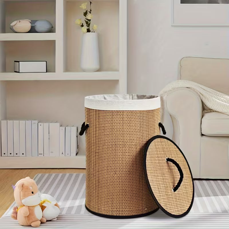 Panier à Linge en Bambou Pliable – Grand Panier de Rangement avec Couvercle et Poignées
