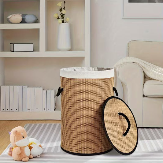 Panier à Linge en Bambou Pliable – Grand Panier de Rangement avec Couvercle et Poignées