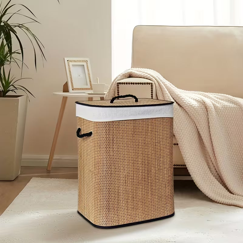 Panier à Linge en Bambou Pliable – Grand Panier de Rangement avec Couvercle et Poignées