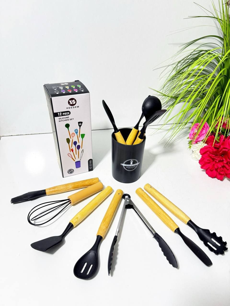 Set Ustensiles de Cuisine en Silicone 12 Pièces avec Support – Accessoires de Cuisine Résistants à la Chaleur