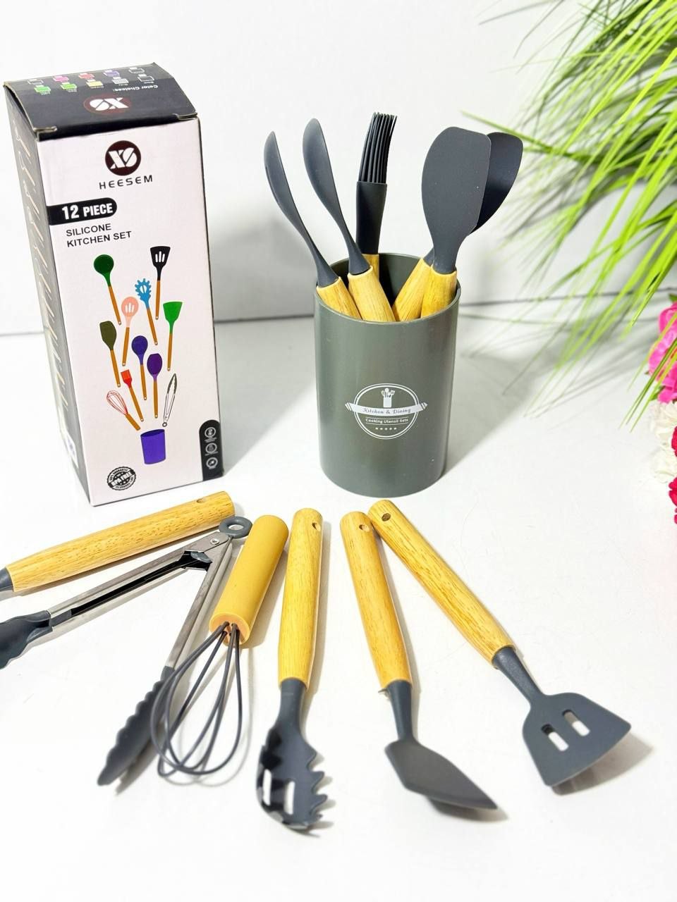 Set Ustensiles de Cuisine en Silicone 12 Pièces avec Support – Accessoires de Cuisine Résistants à la Chaleur