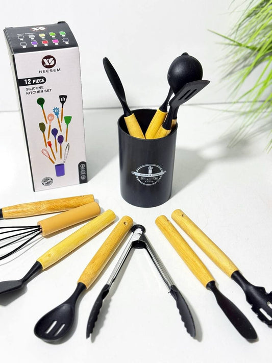 Set Ustensiles de Cuisine en Silicone 12 Pièces avec Support – Accessoires de Cuisine Résistants à la Chaleur