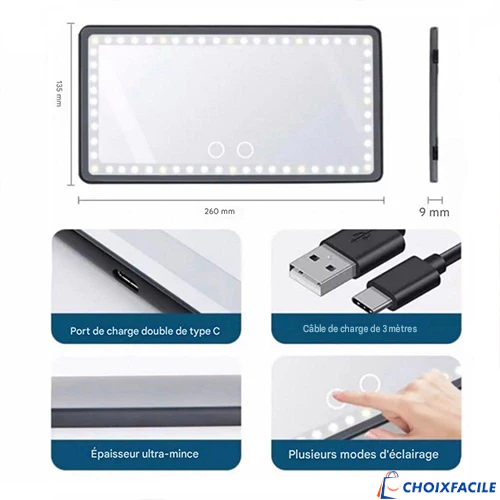 Miroir LED Rechargeable pour Pare-Soleil de Voiture